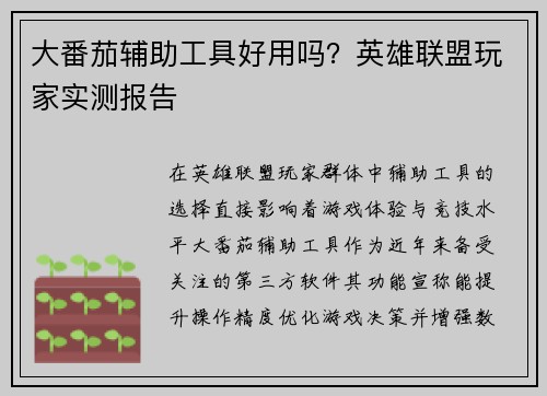 大番茄辅助工具好用吗？英雄联盟玩家实测报告