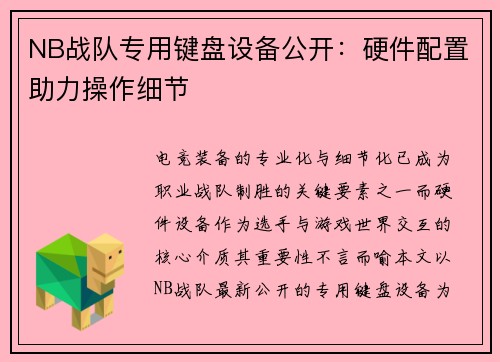 NB战队专用键盘设备公开：硬件配置助力操作细节