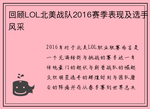 回顾LOL北美战队2016赛季表现及选手风采